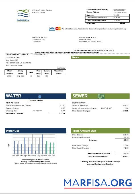 Printable USA California Padredam business utility bill template in Word and PDF formats